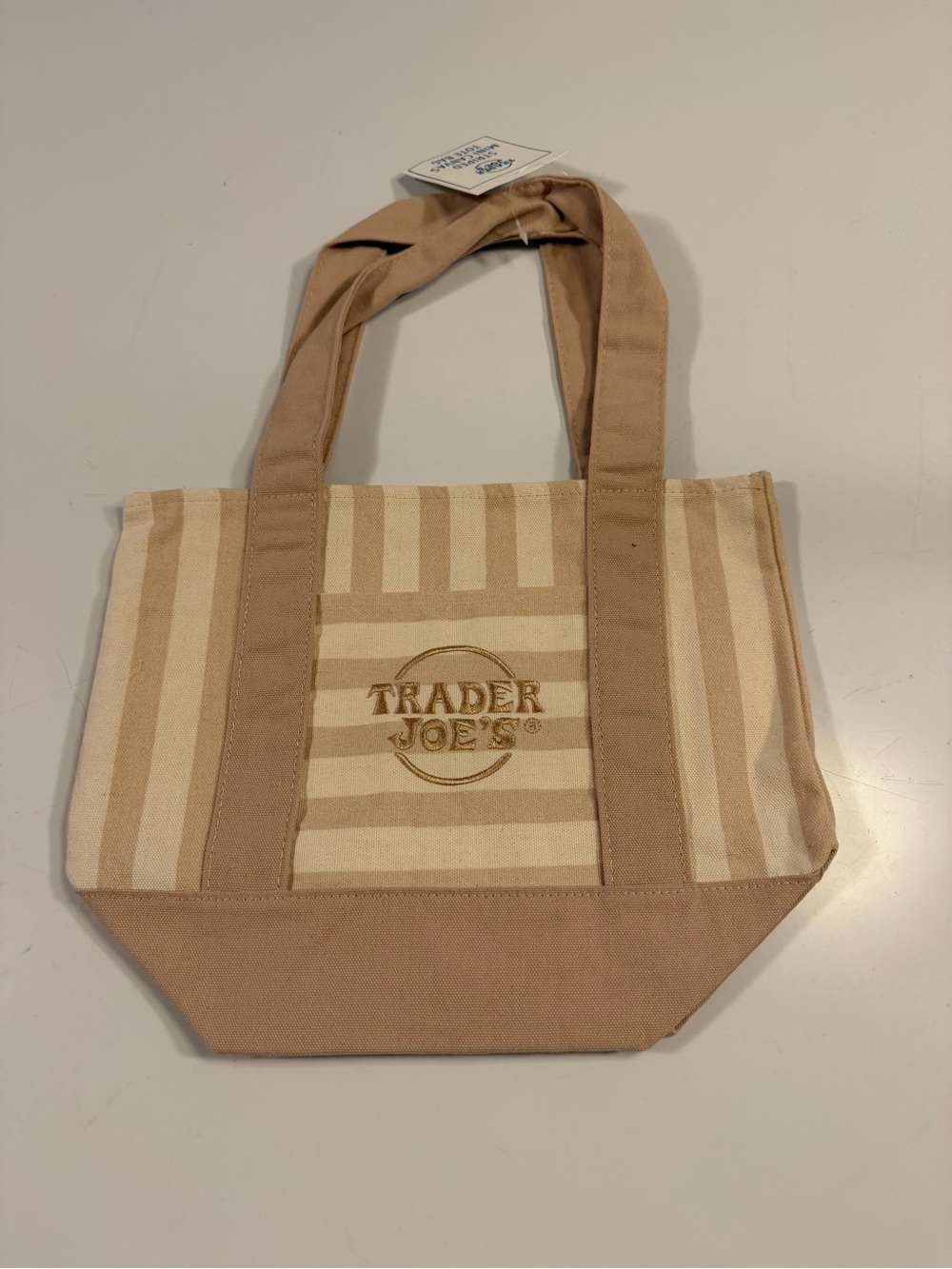 Trader Joe's Mini Canvas Tote Bag Beige Taupe Striped Reusable Market Bag